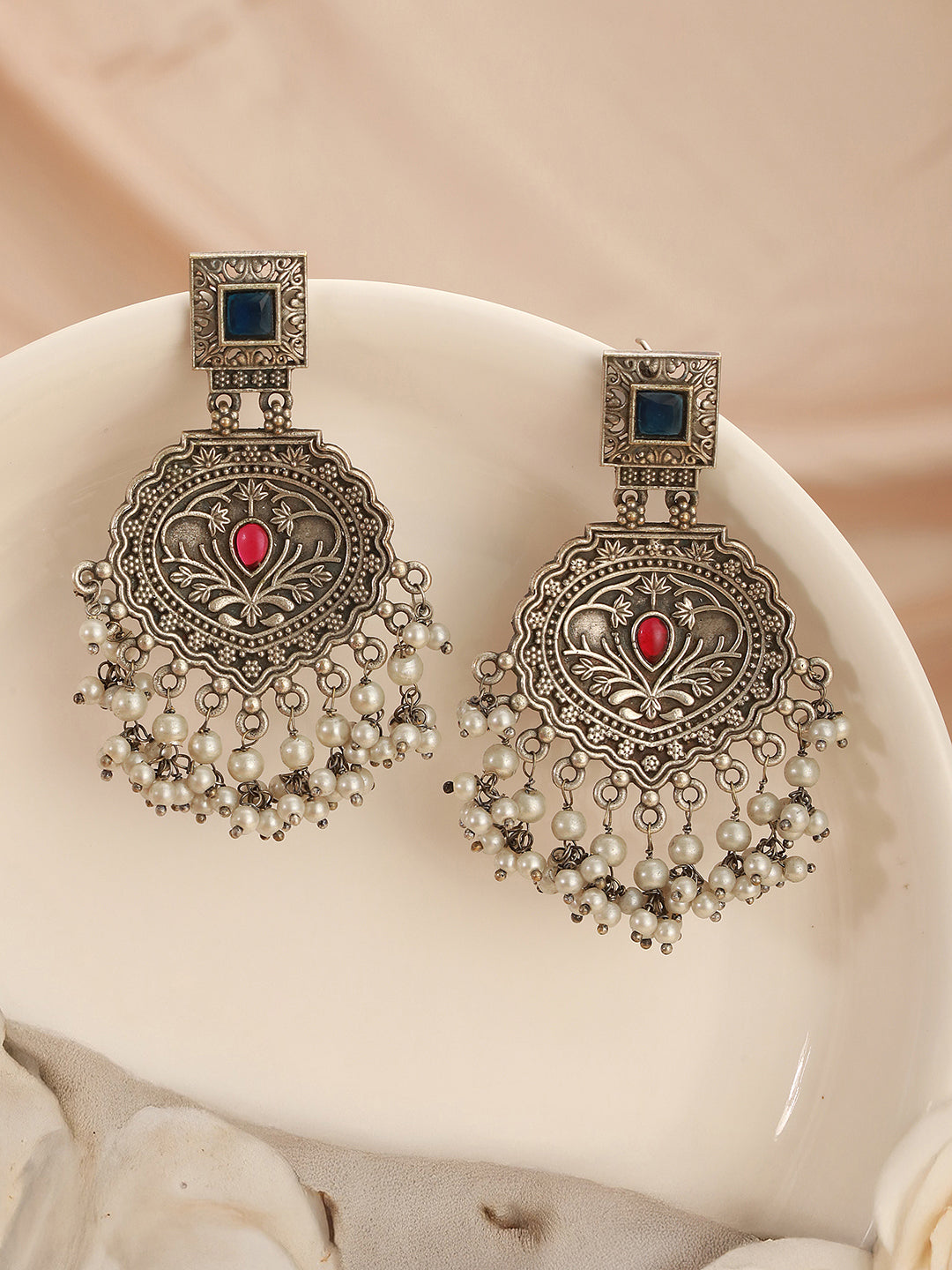 Oxidised Silver Toned Intricate Handcrafted Pearl Beaded Dangler  Trendy Chandbali earrings