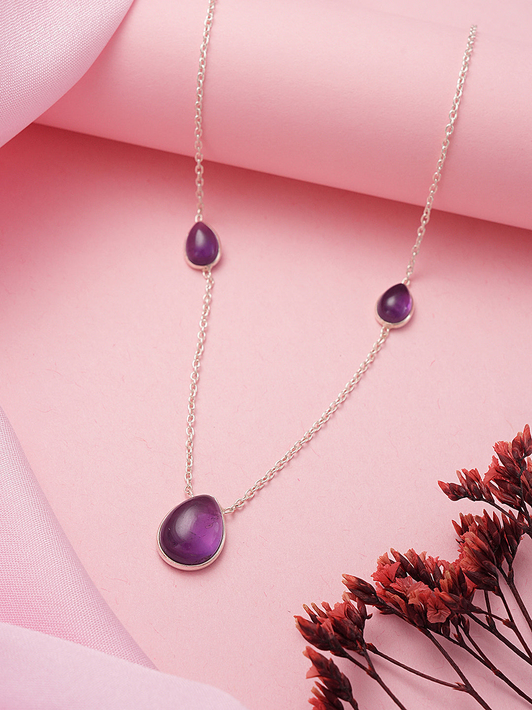 925 Sterling Silver Amethyst Gemstone Studded Minimal Boho Necklace & Chain