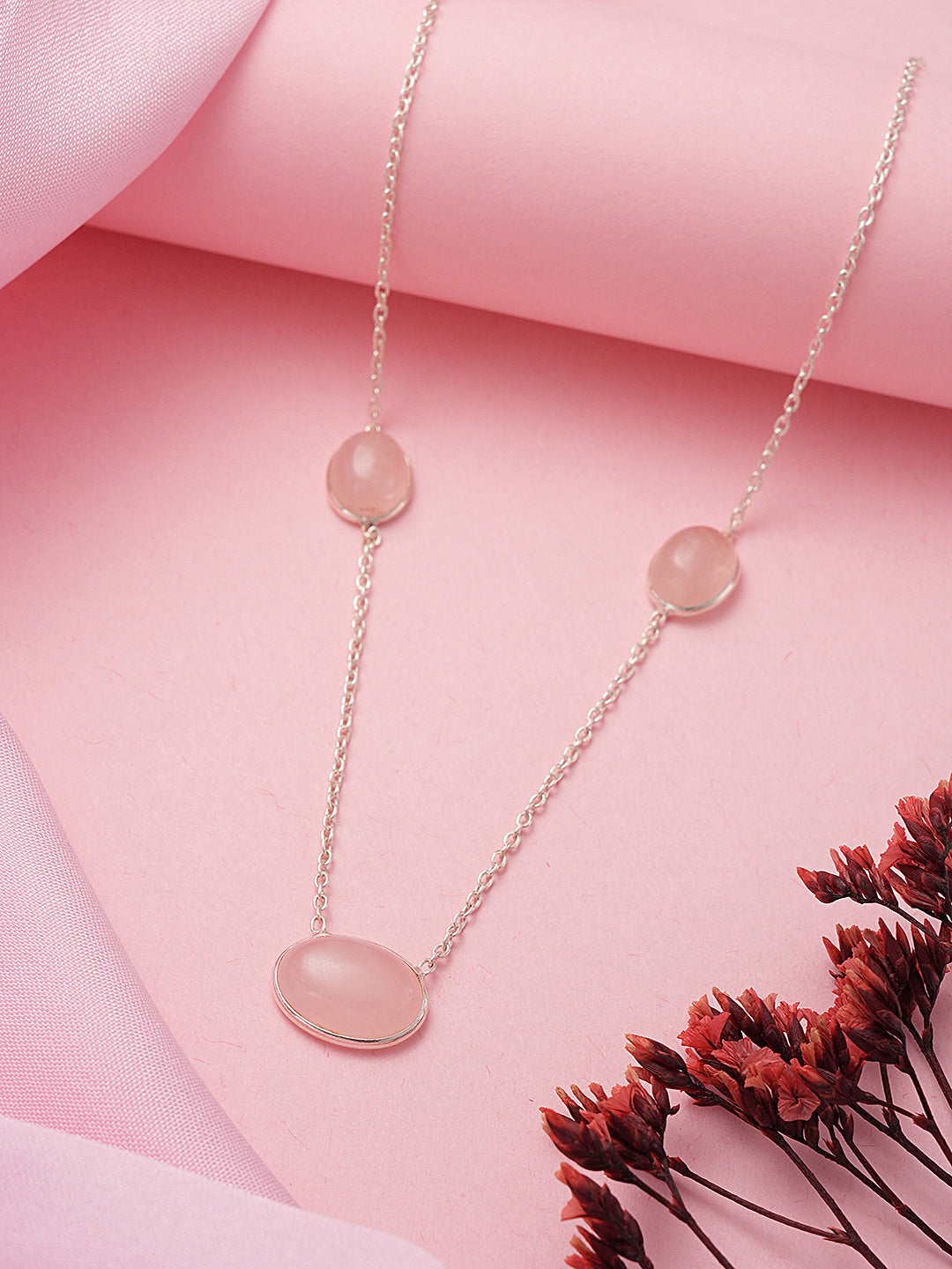 925 Sterling Silver Rose Quartz Gemstone Studded Minimal Boho Necklace & Chain