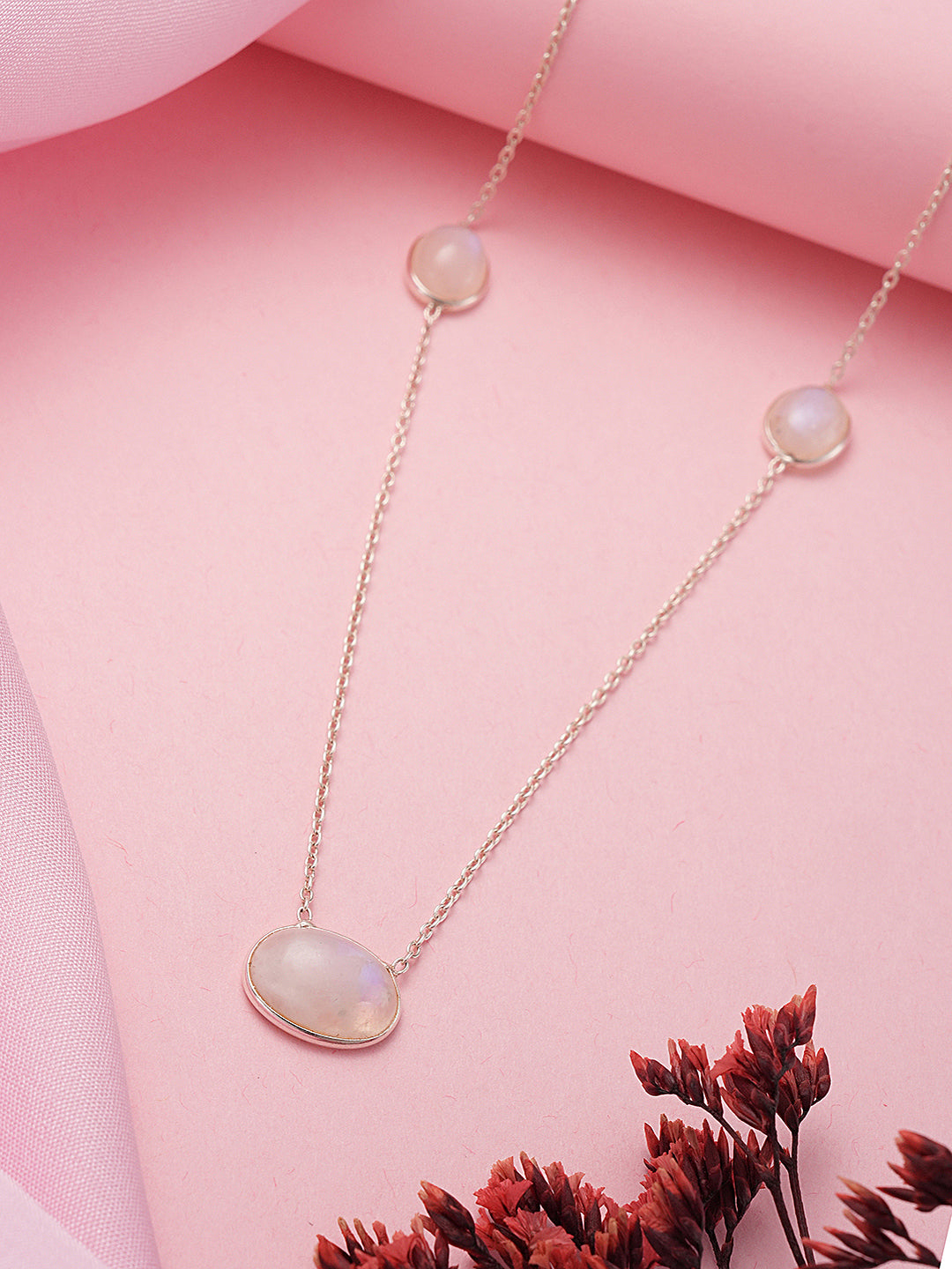 925 Sterling Silver White Moonstone  Gemstone Studded Minimal Boho Necklace & Chain