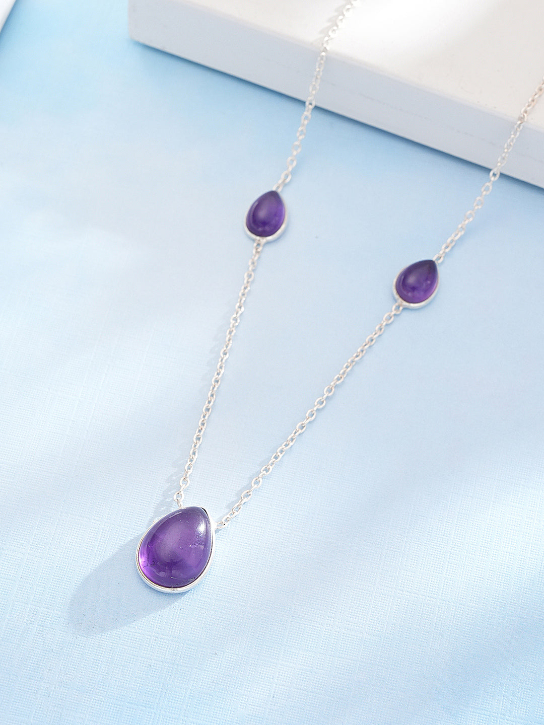 925 Sterling Silver Amethyst Gemstone Studded Minimal Boho Necklace & Chain