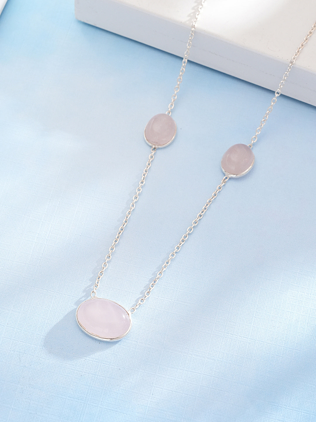 925 Sterling Silver Rose Quartz Gemstone Studded Minimal Boho Necklace & Chain
