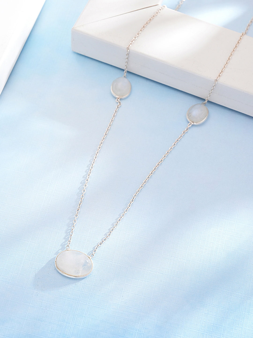 925 Sterling Silver White Moonstone  Gemstone Studded Minimal Boho Necklace & Chain