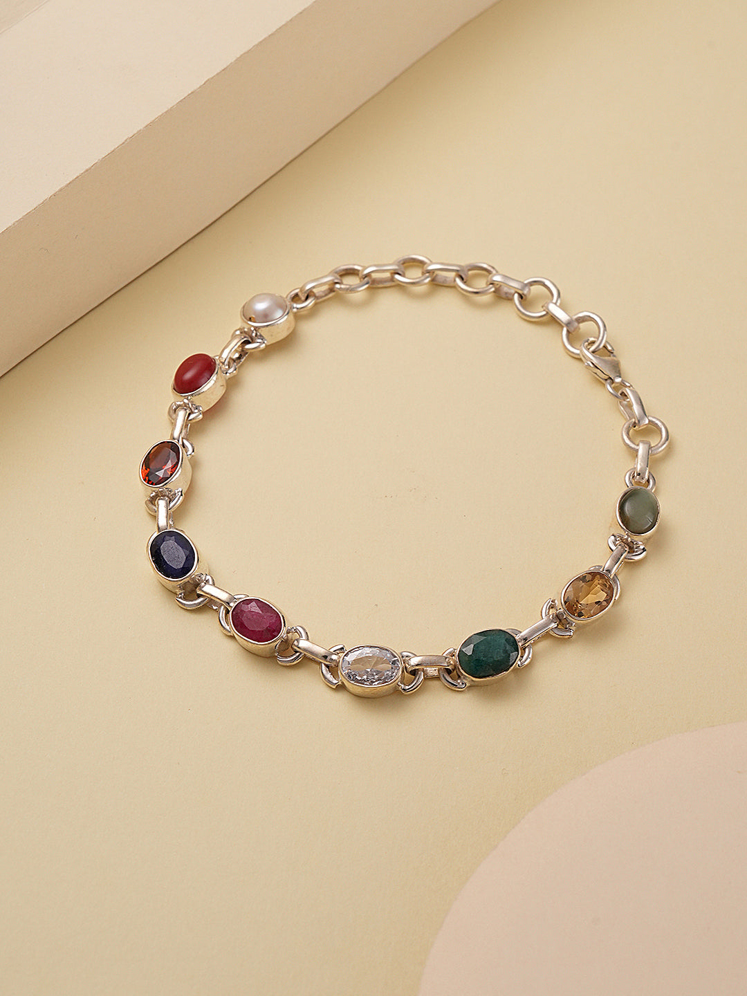 925 Silver Navratna  Natural Gemstones Studded Handmade Minimal Delicate Charms Adjustable Bracelet