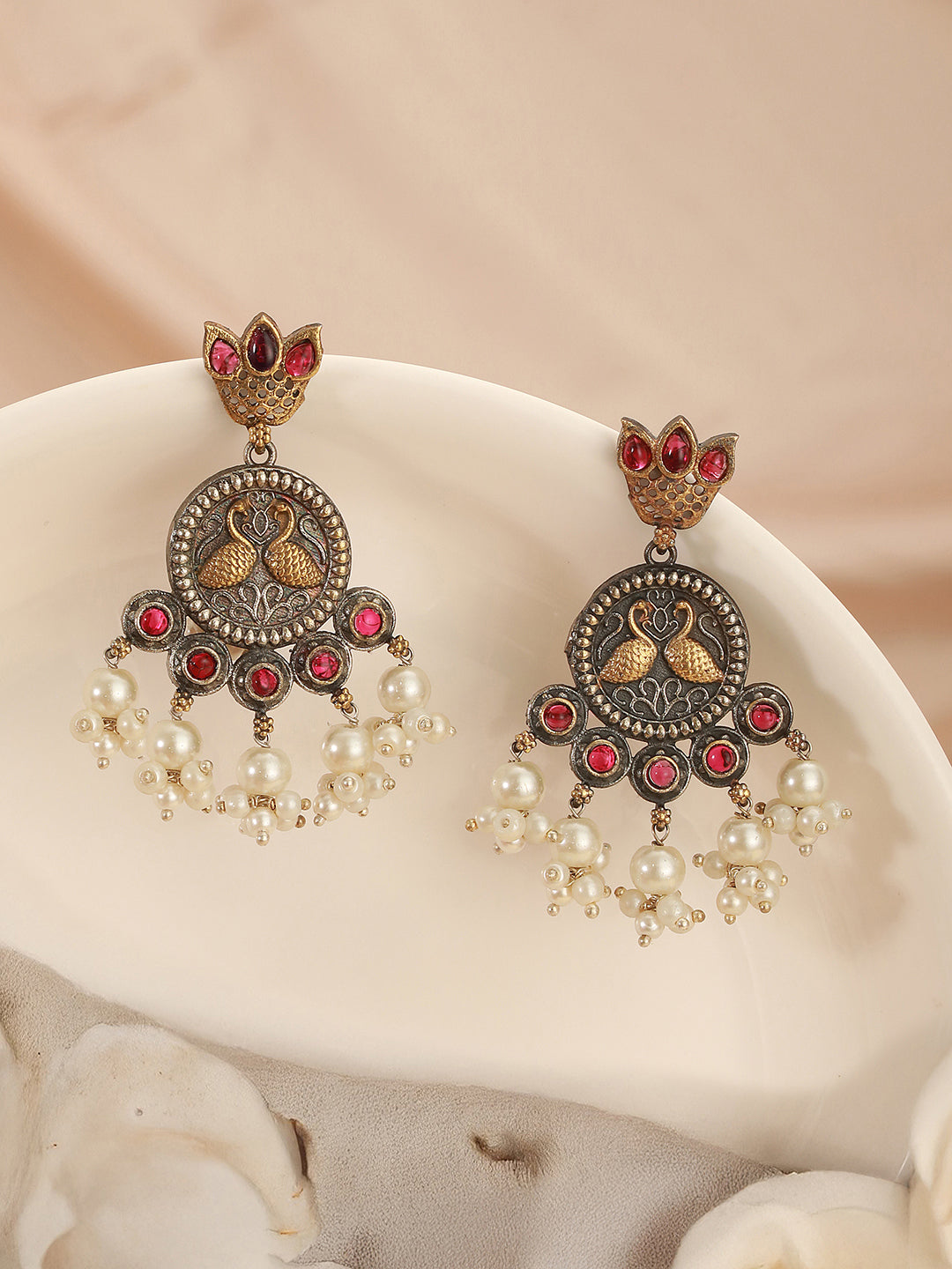 Oxidised Dual Toned Red Stone Pearl Beaded Handcrafted  Peacock Filigree Chandbali Earrings