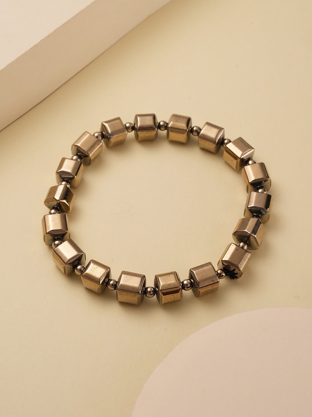 Natural Coated Pyrite Brass Energy Bracelet with Round Cube Beads