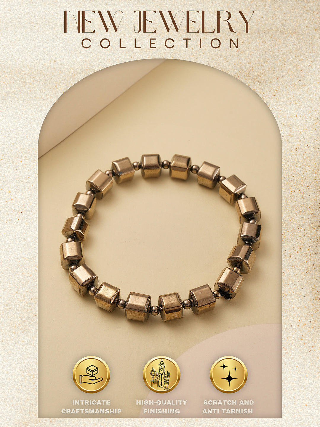 Natural Coated Pyrite Brass Energy Bracelet with Round Cube Beads