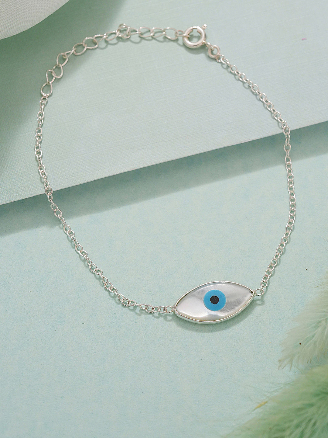 925 Silver Evil Eye Blue Minimal Adjustable Chain Charm Bracelet