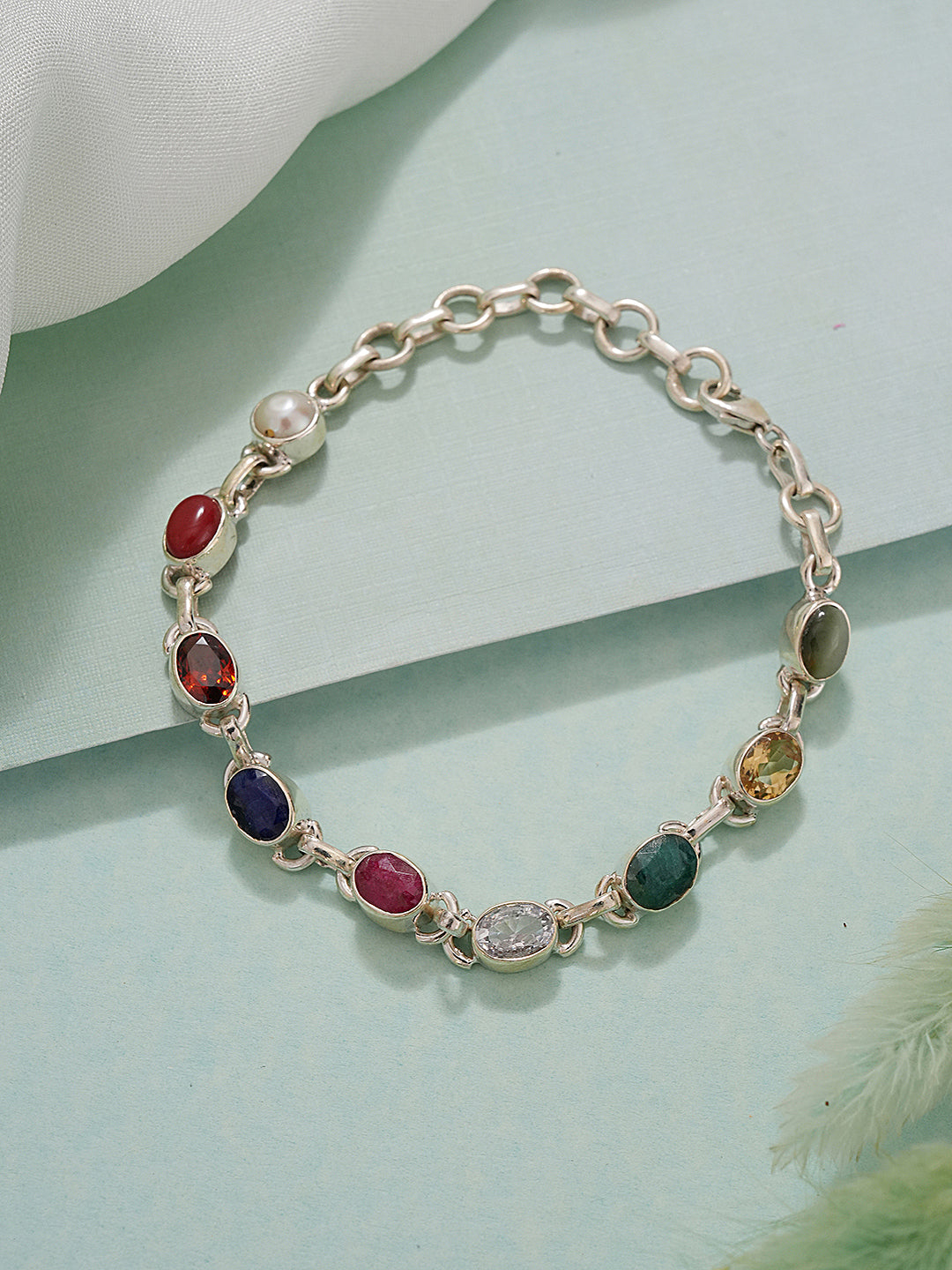925 Silver Navratna  Natural Gemstones Studded Handmade Minimal Delicate Charms Adjustable Bracelet