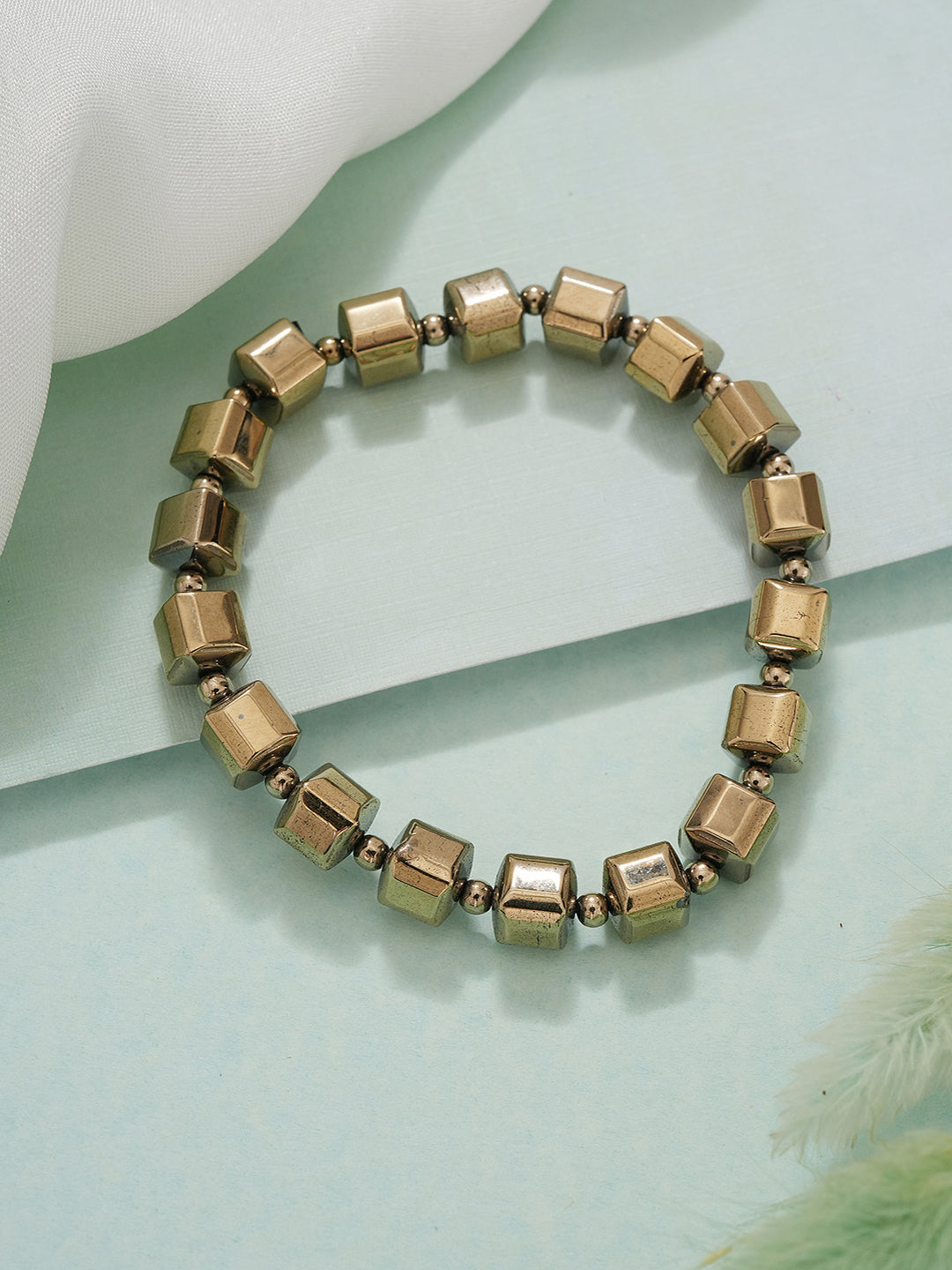 Natural Coated Pyrite Brass Energy Bracelet with Round Cube Beads