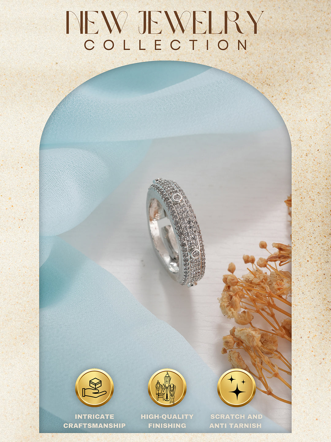 White Rhodium AD Studded Minimal Engagement Band Adjustable Finger Ring