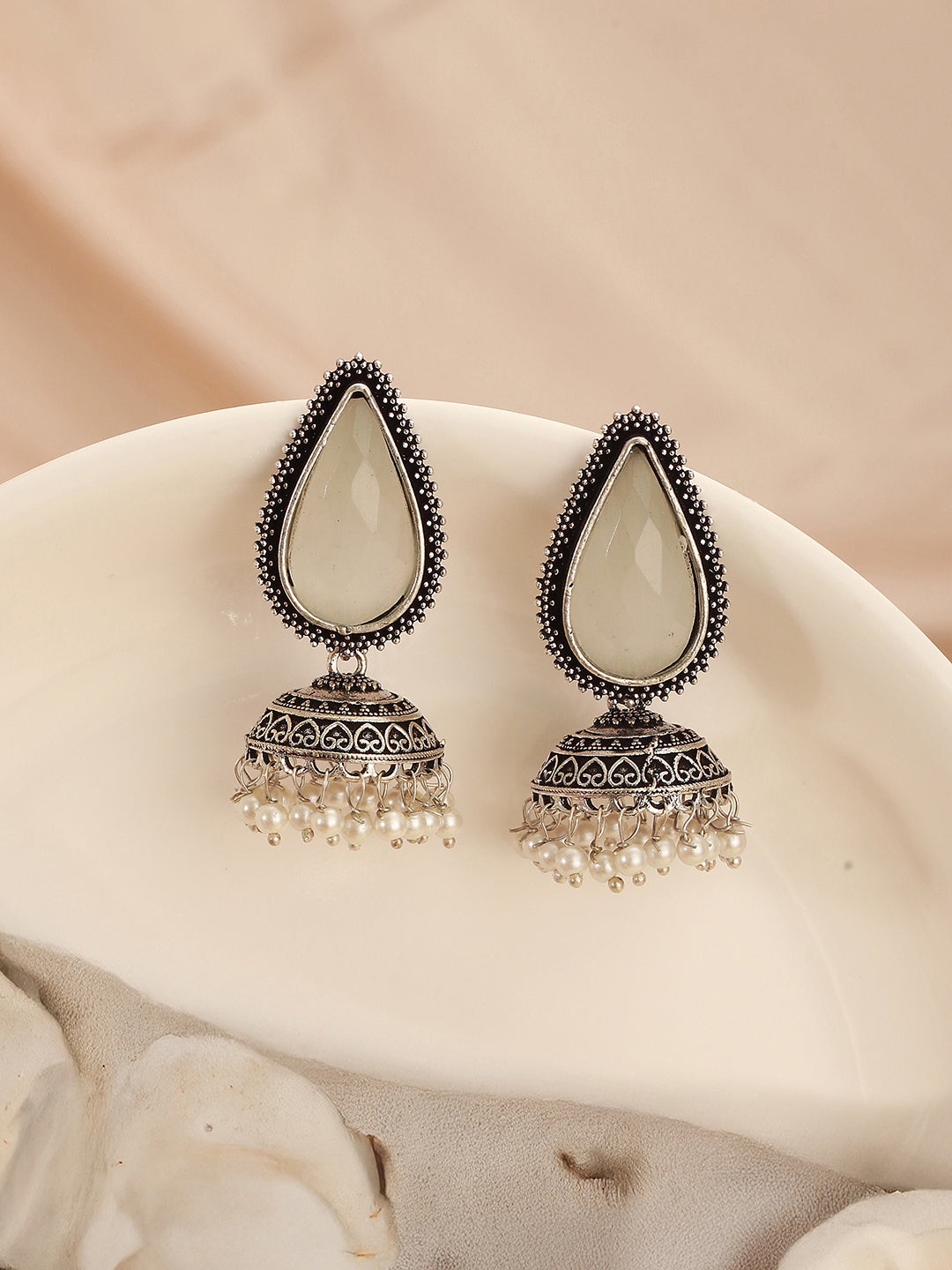Oxidised Silver-Toned White  Stone & Pearl Beaded  Teardrop Stone Handcrafted Jhumka Earrings