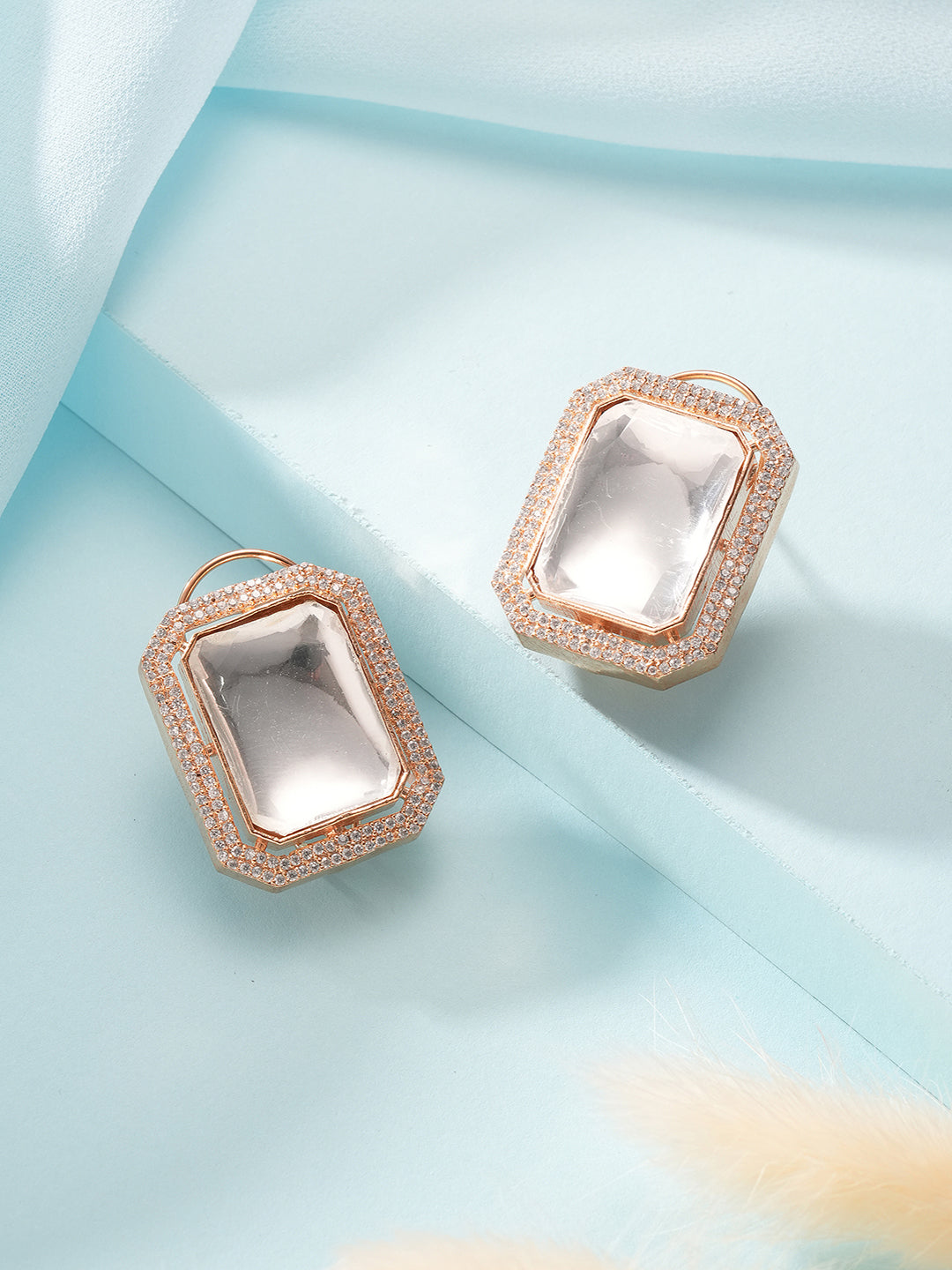 Gold Plated Uncut Polki Mossanite & AD Studded Geometric Designer Studds Earrings