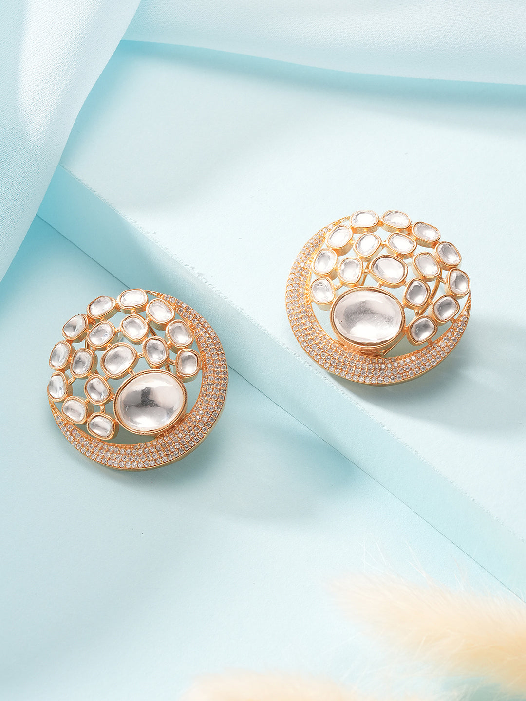 Gold Plated Uncut Polki Mossanite Kundan Studded  Bridal Designer Circular Studds Earrings