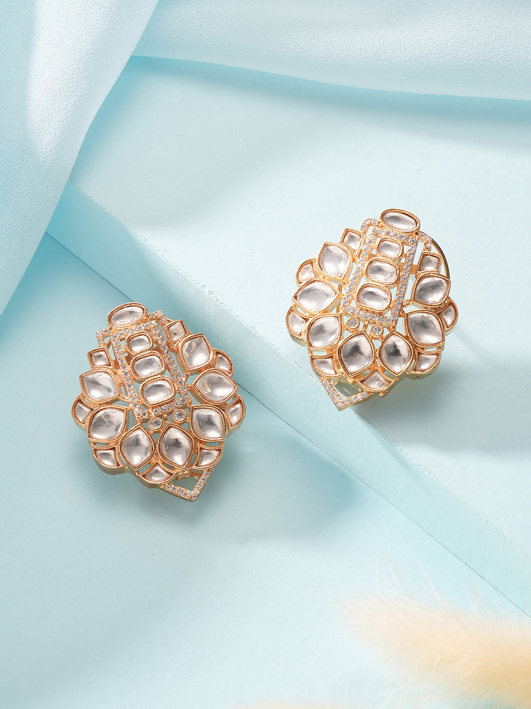 Gold Plated Polki Kundan Studded Designer Floral Bridal Large Studds Earrings