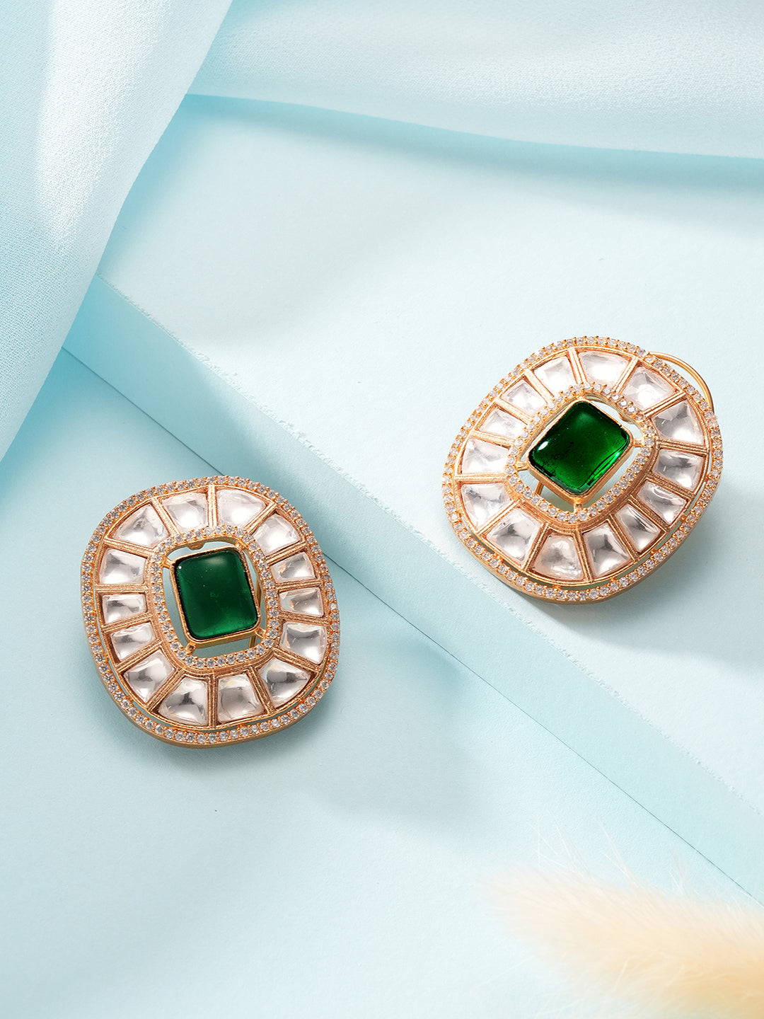 Gold Plated Green Emerald Uncut Polki Mossanite Designer Statement Studds Earrings
