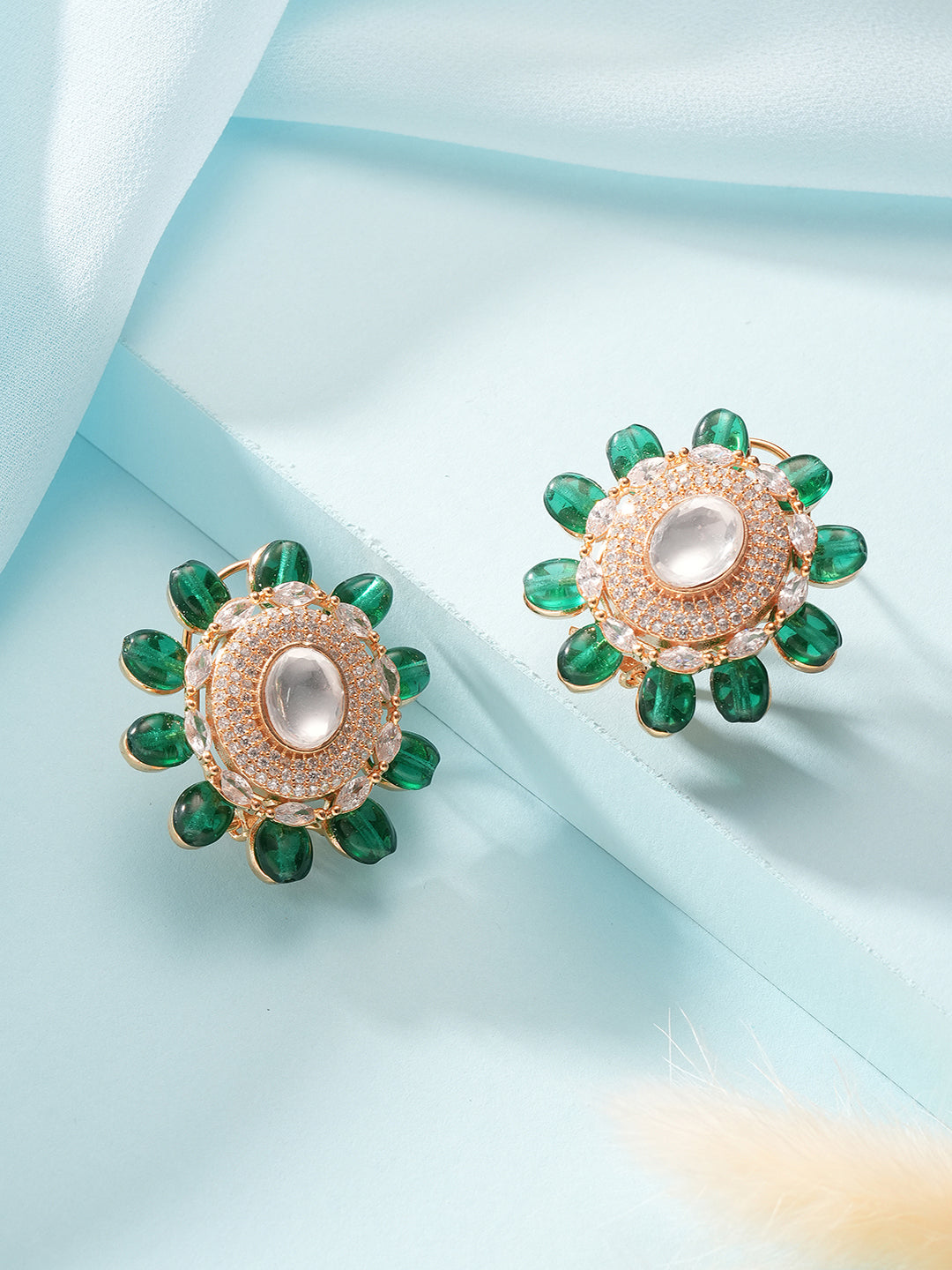 Gold Plated Green Beads & Kundan Studded Solitaire Studds Earrings