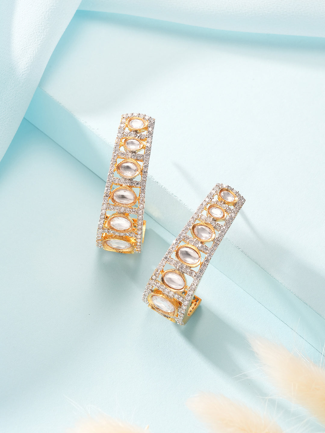 Gold Plated Uncut Kundan Polki Mossanite Minimal  Half Hoop C - Bali Studds Earrings