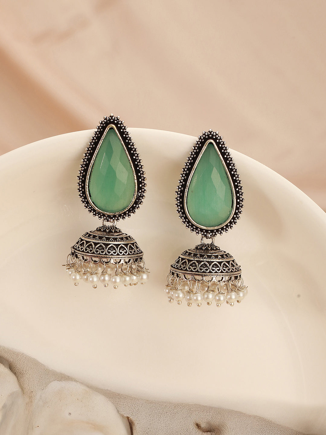Oxidised Silver-Toned Green Stone & Pearl Beaded Teardrop Stone Handcrafted Jhumka Earrings