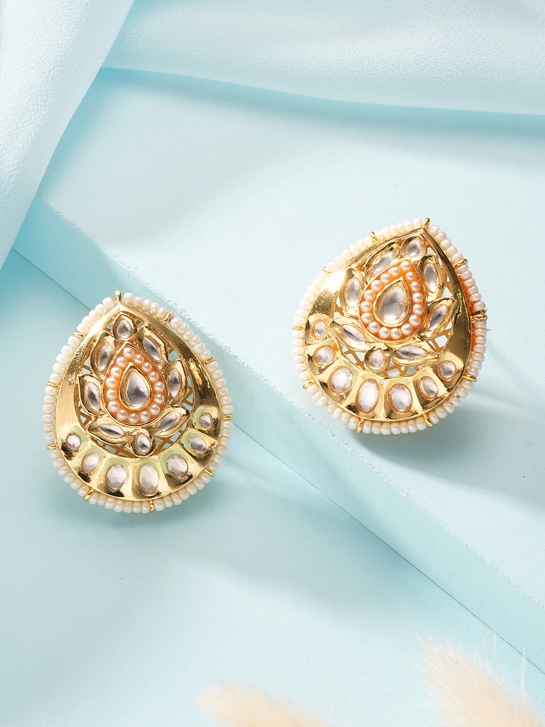 Gold Plated Kundan Studded Designer Pearl Beaded Designer  Studds Earrings