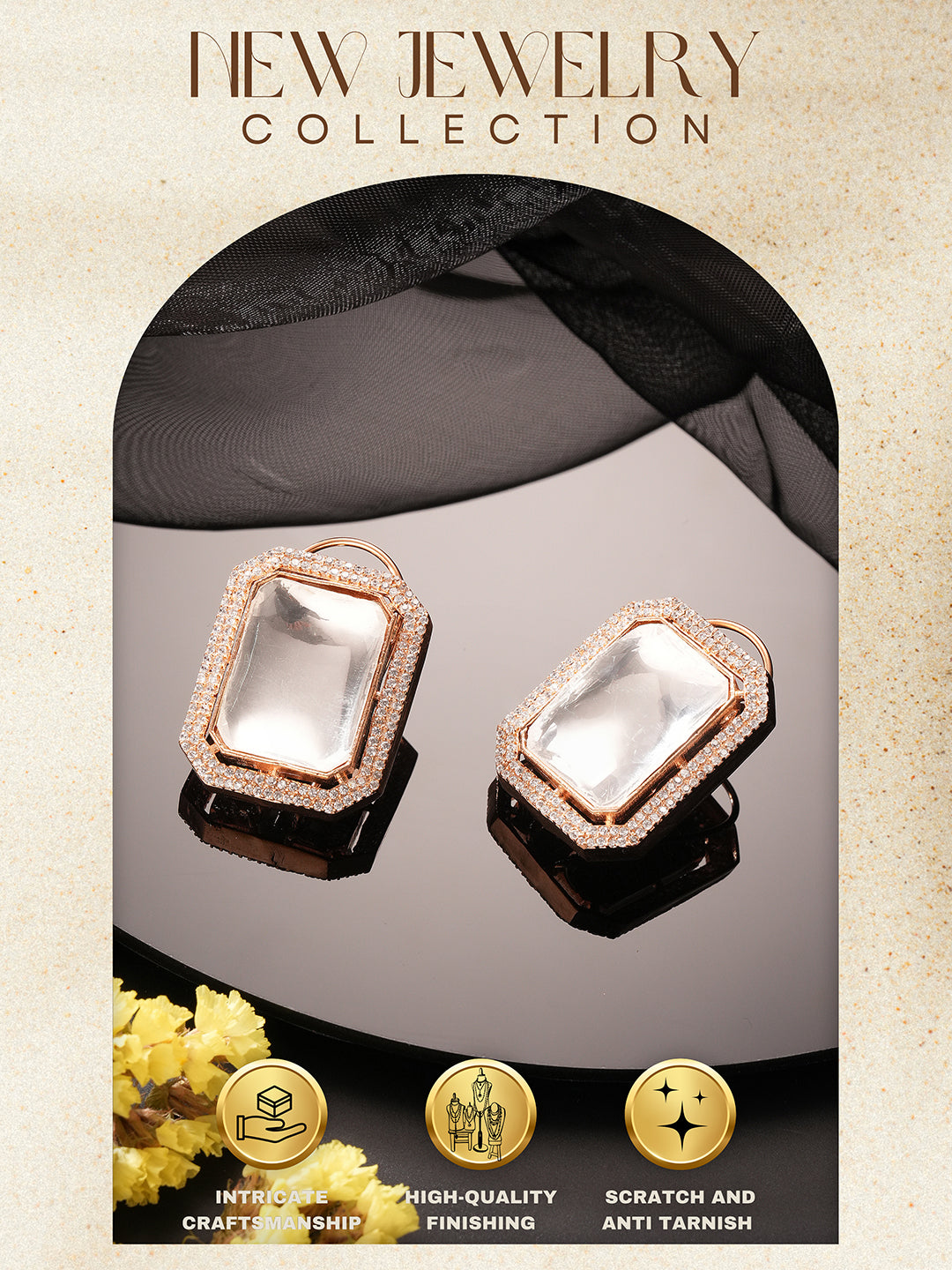 Gold Plated Uncut Polki Mossanite & AD Studded Geometric Designer Studds Earrings