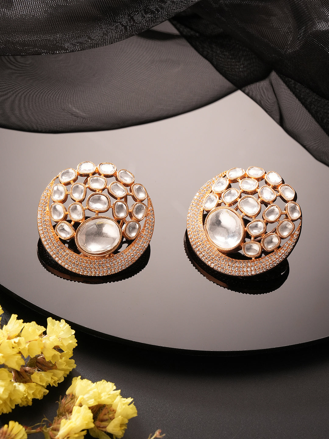 Gold Plated Uncut Polki Mossanite Kundan Studded  Bridal Designer Circular Studds Earrings