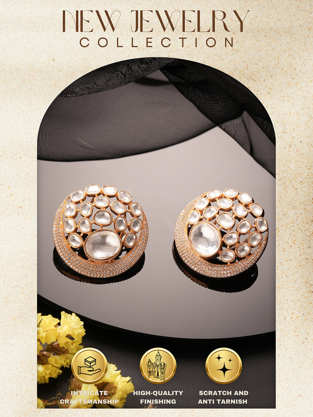 Gold Plated Uncut Polki Mossanite Kundan Studded  Bridal Designer Circular Studds Earrings