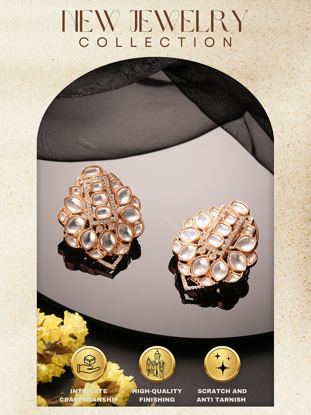 Gold Plated Polki Kundan Studded Designer Floral Bridal Large Studds Earrings