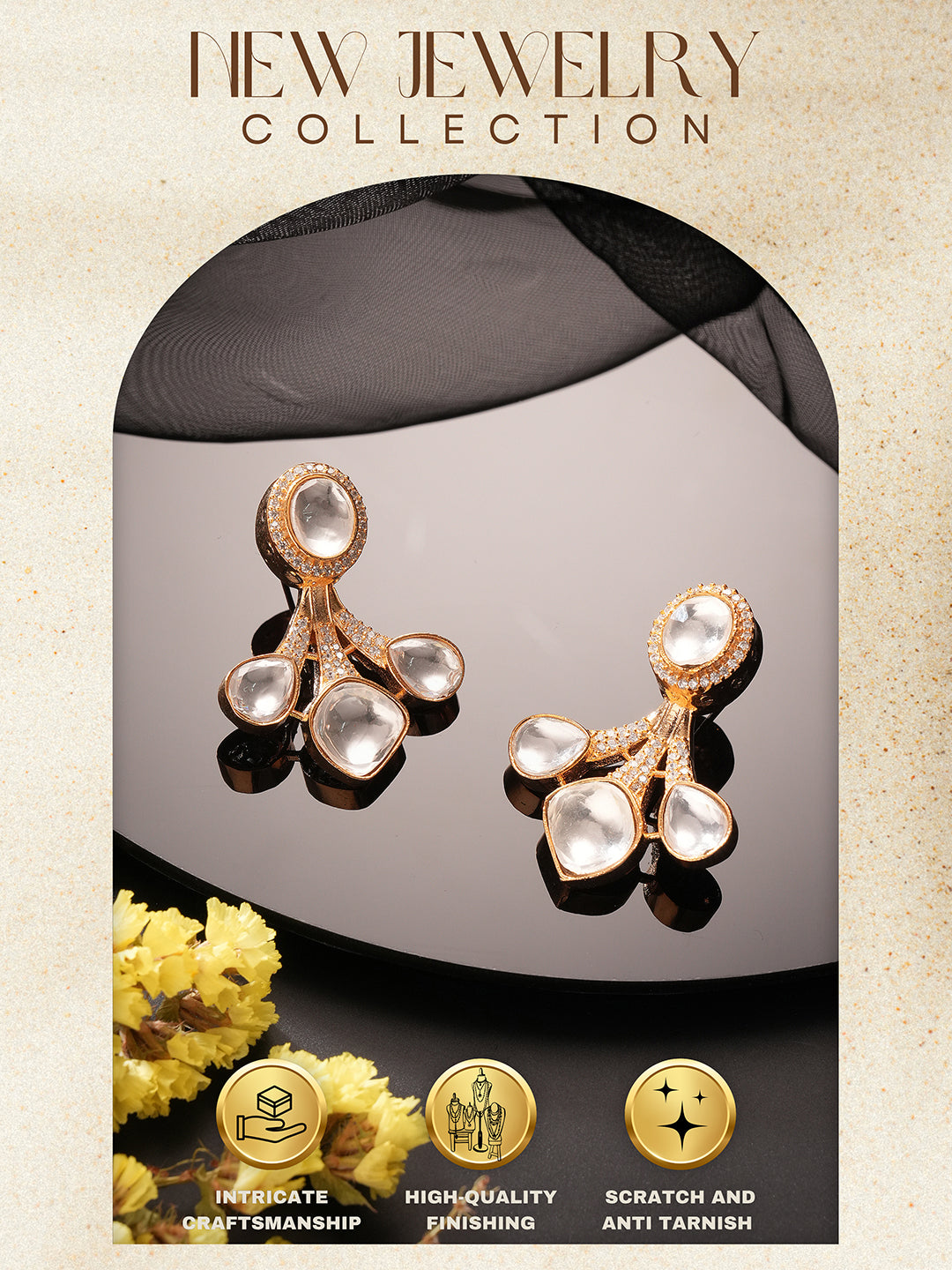 Gold Plated Uncut Polki Mossanite Minimal Floral Studds Earrings