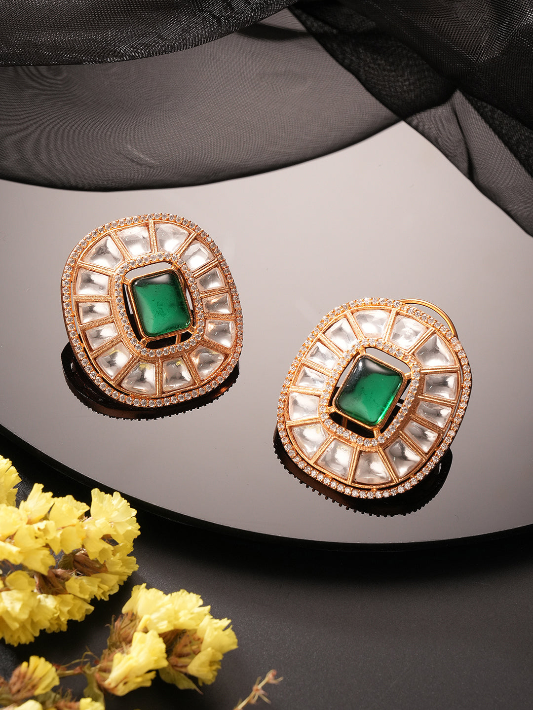 Gold Plated Green Emerald Uncut Polki Mossanite Designer Statement Studds Earrings