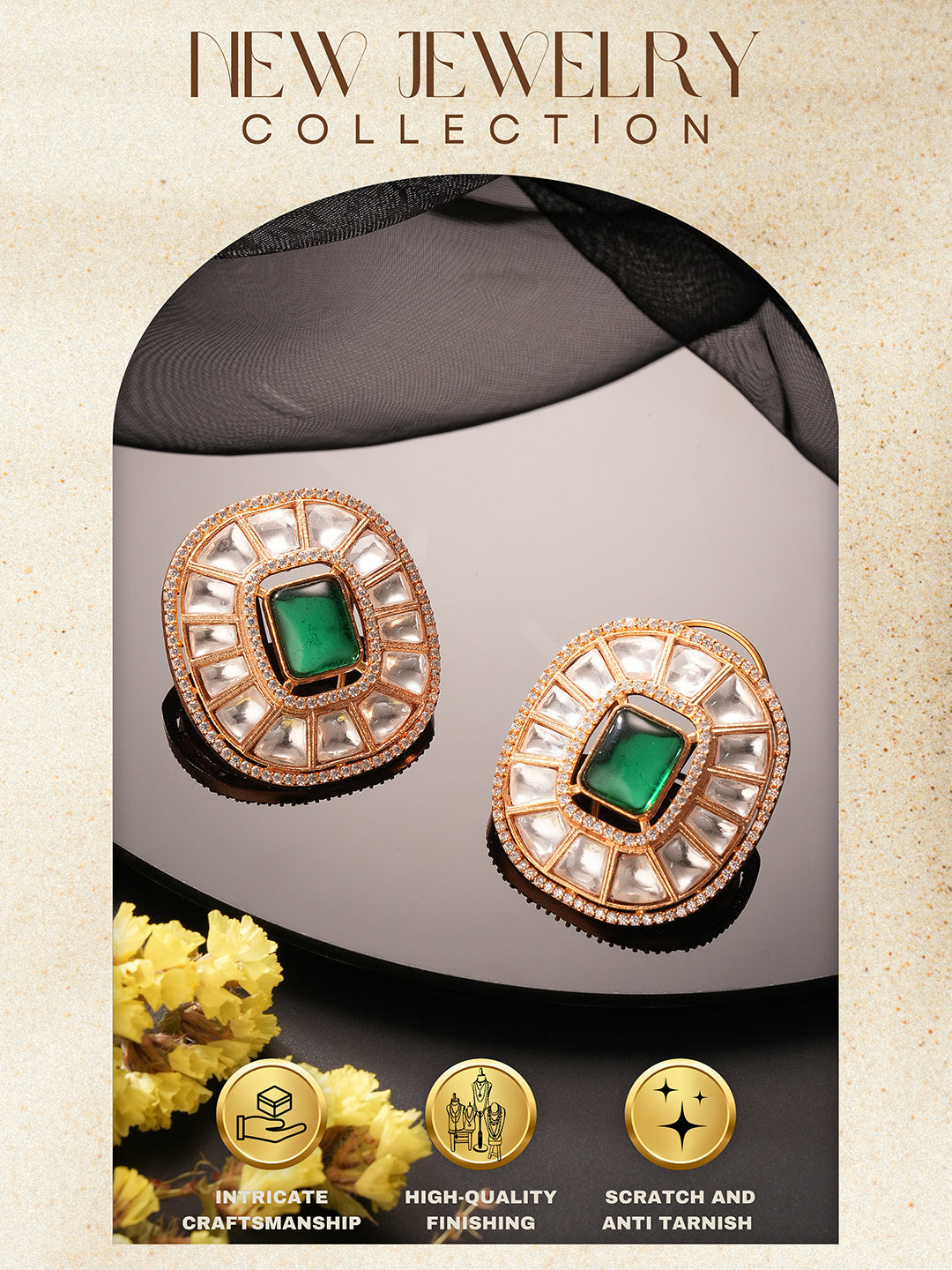 Gold Plated Green Emerald Uncut Polki Mossanite Designer Statement Studds Earrings