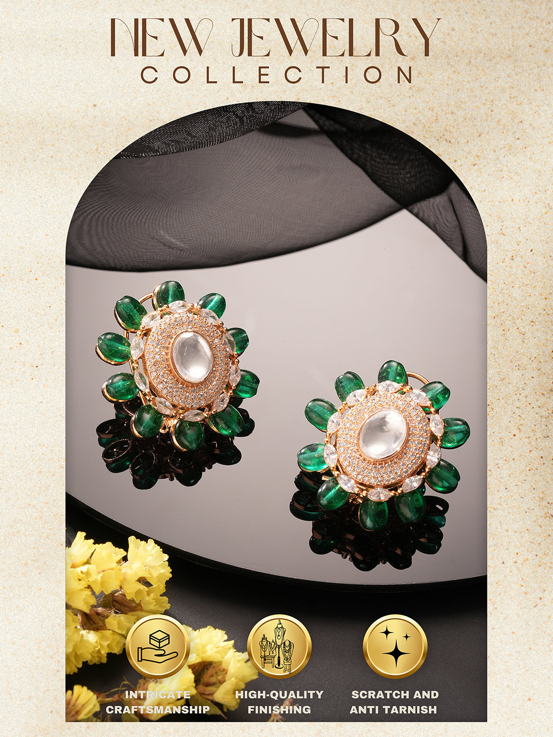 Gold Plated Green Beads & Kundan Studded Solitaire Studds Earrings