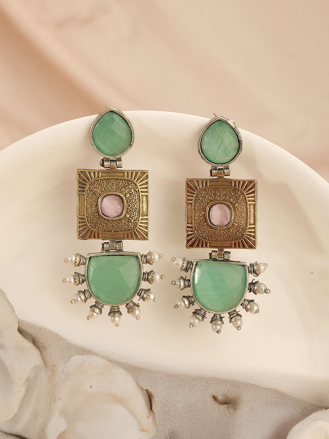 Oxidised Gold Toned Mint Stone Studded Contemporary Tribal Long dangler Earrings