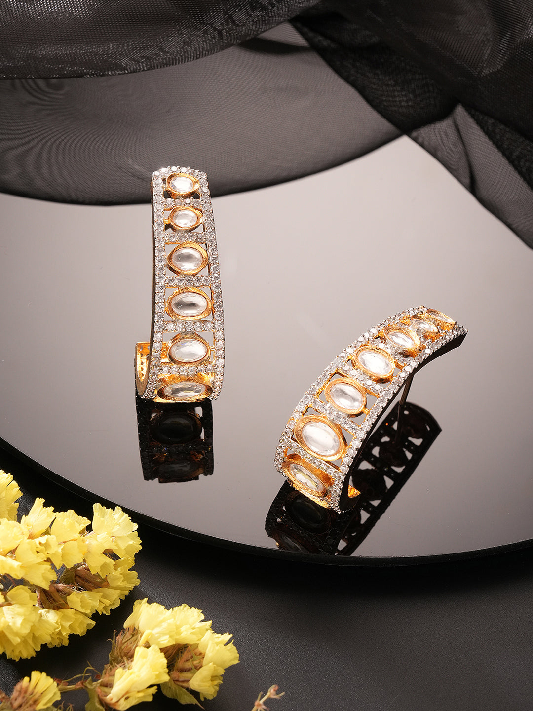 Gold Plated Uncut Kundan Polki Mossanite Minimal  Half Hoop C - Bali Studds Earrings