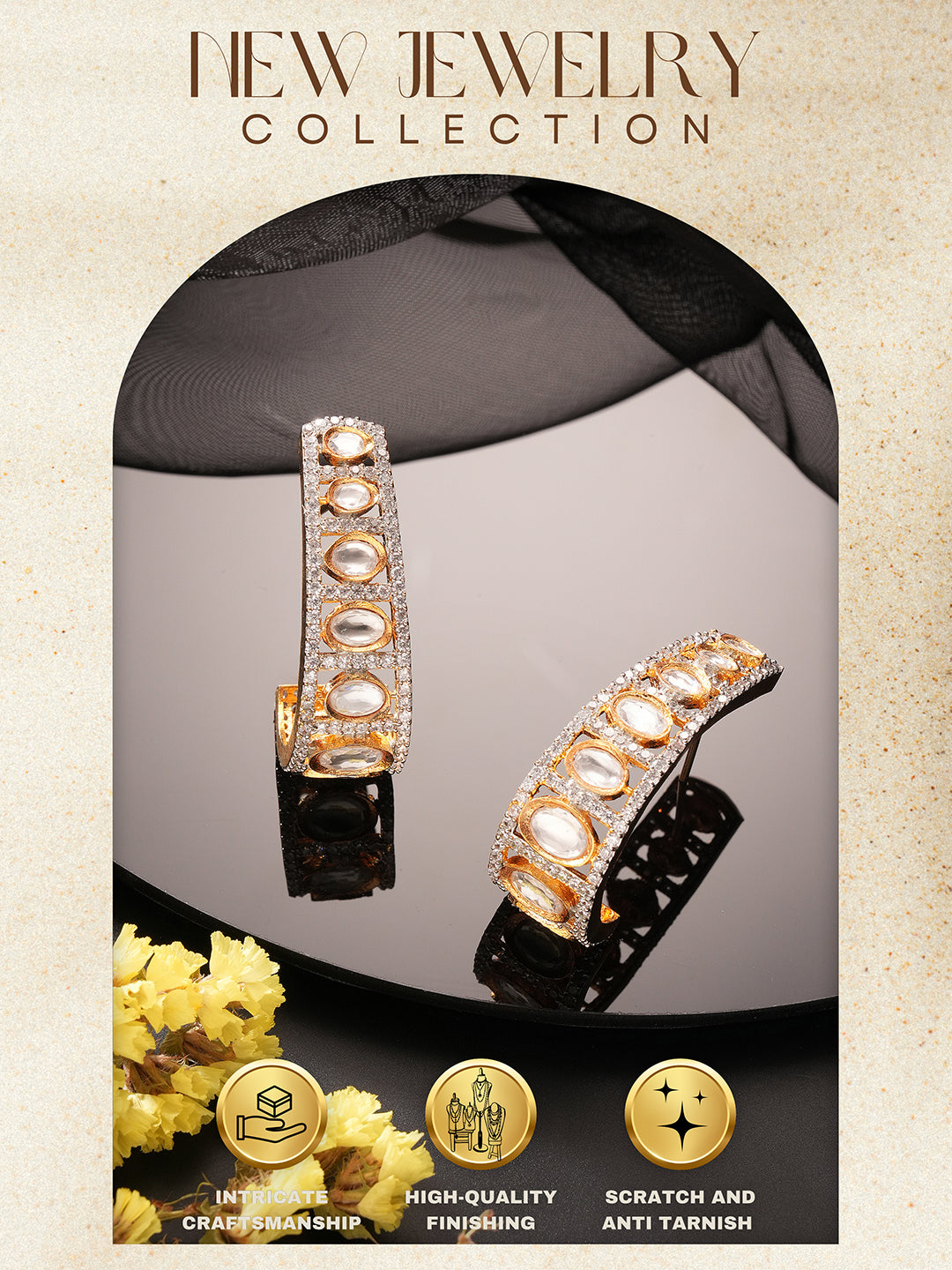 Gold Plated Uncut Kundan Polki Mossanite Minimal  Half Hoop C - Bali Studds Earrings