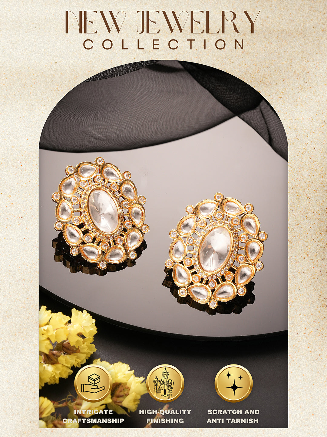 Gold Plated Uncut Polki Mossanite Studded Floral Designer Studds Earrings