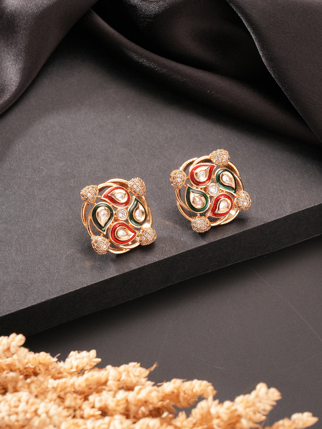 Gold Plated Uncut Moissanite Kundan Studded Mango Design Minimal  Studds Earrings