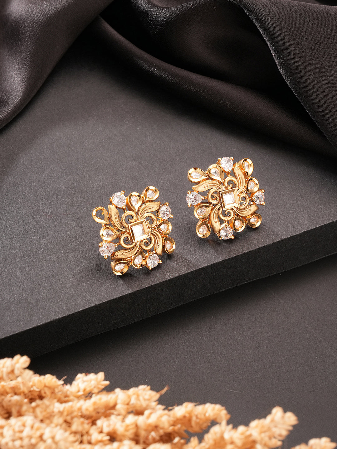 Gold Plated Kundan Studded Floral Designer Dailywear Studds Earrings