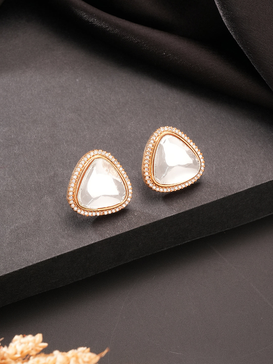 Gold Plated Uncut Mossanite Polki Statement Big Triangle  Studds Earrings