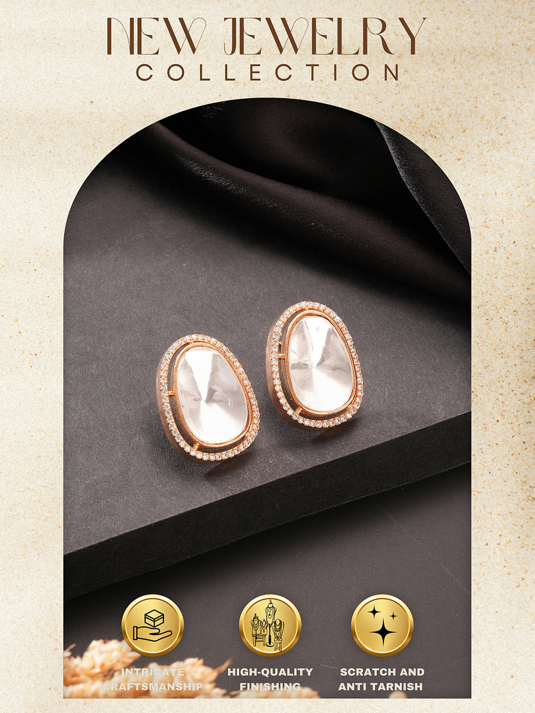 Gold Plated Real Kundan Moissanite Studded Minimal Western Studs Earrings