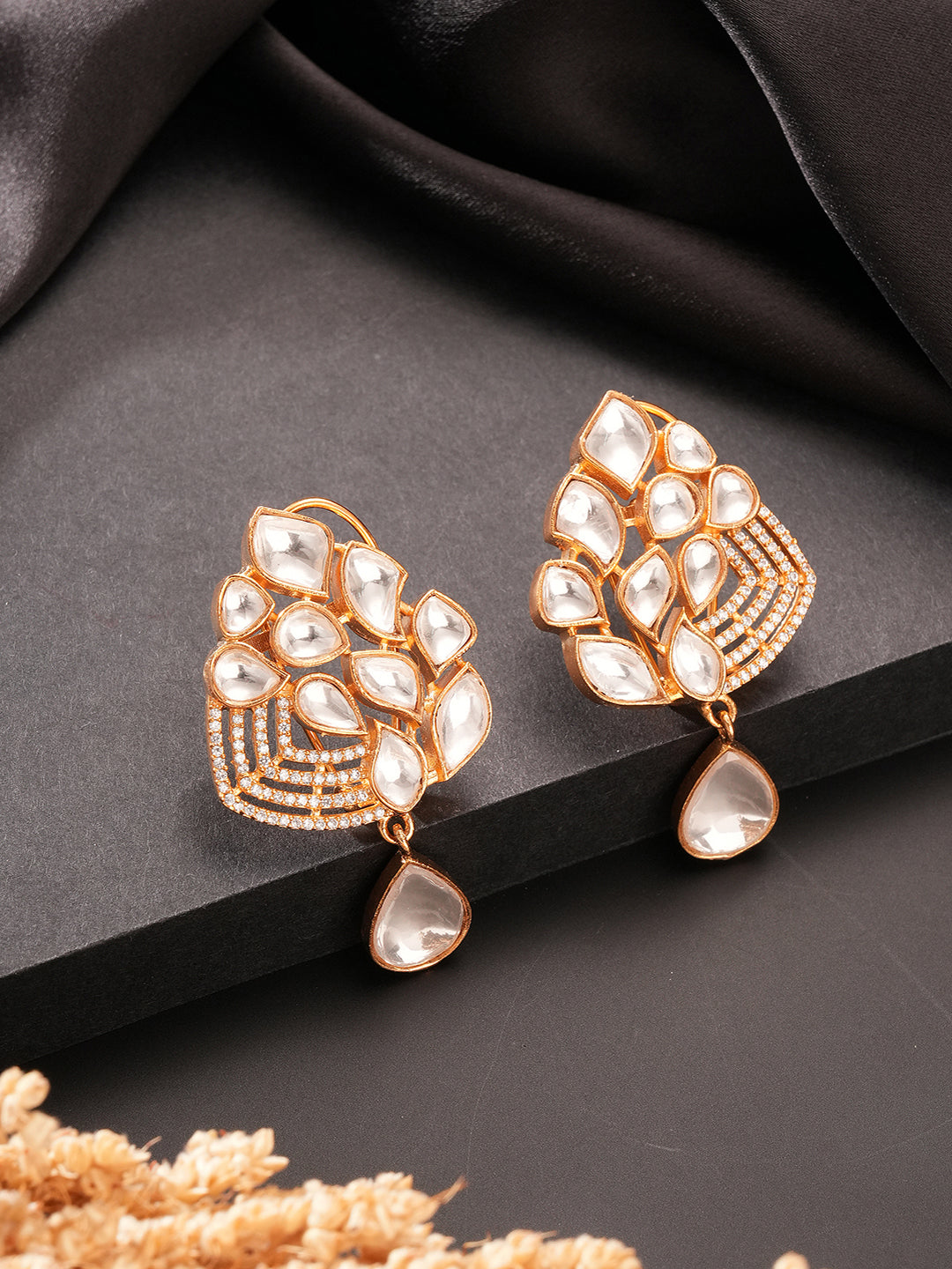 Gold Plated Uncut Polki Mosannite Kundan Studded Floral Drop Studds Earrings