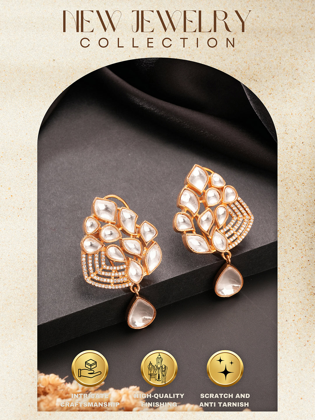 Gold Plated Uncut Polki Mosannite Kundan Studded Floral Drop Studds Earrings