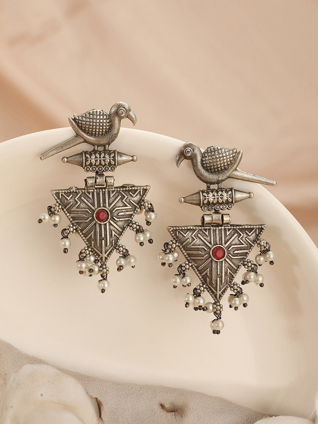 Oxidised Silver Toned Red Stone & Pearl Beaded Drop Handcrafted  Long Dangler Minimal Statement Earrings