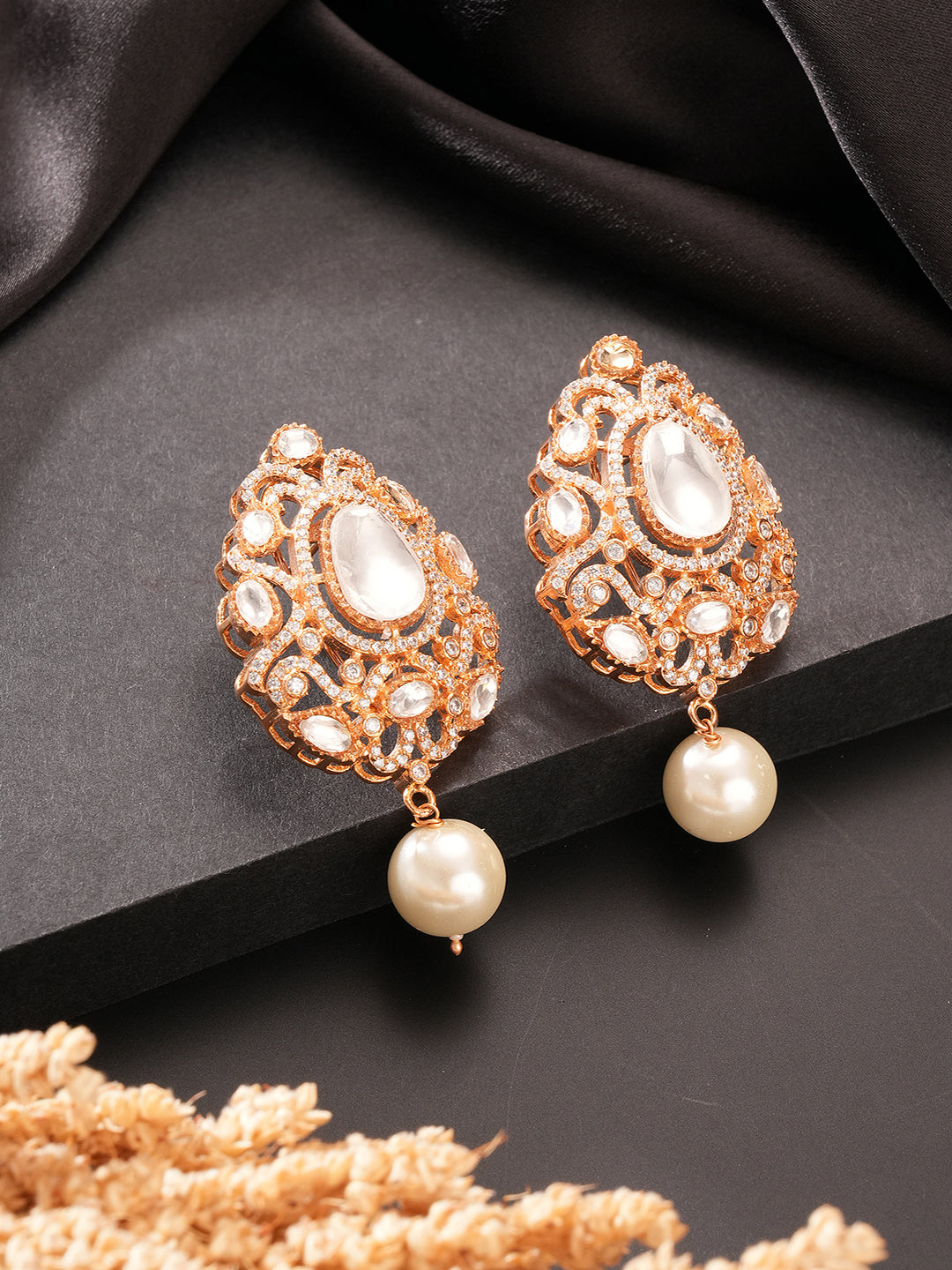 Gold Plated Uncut Mossanite Polki Statement Floral Drop Studds Earrings