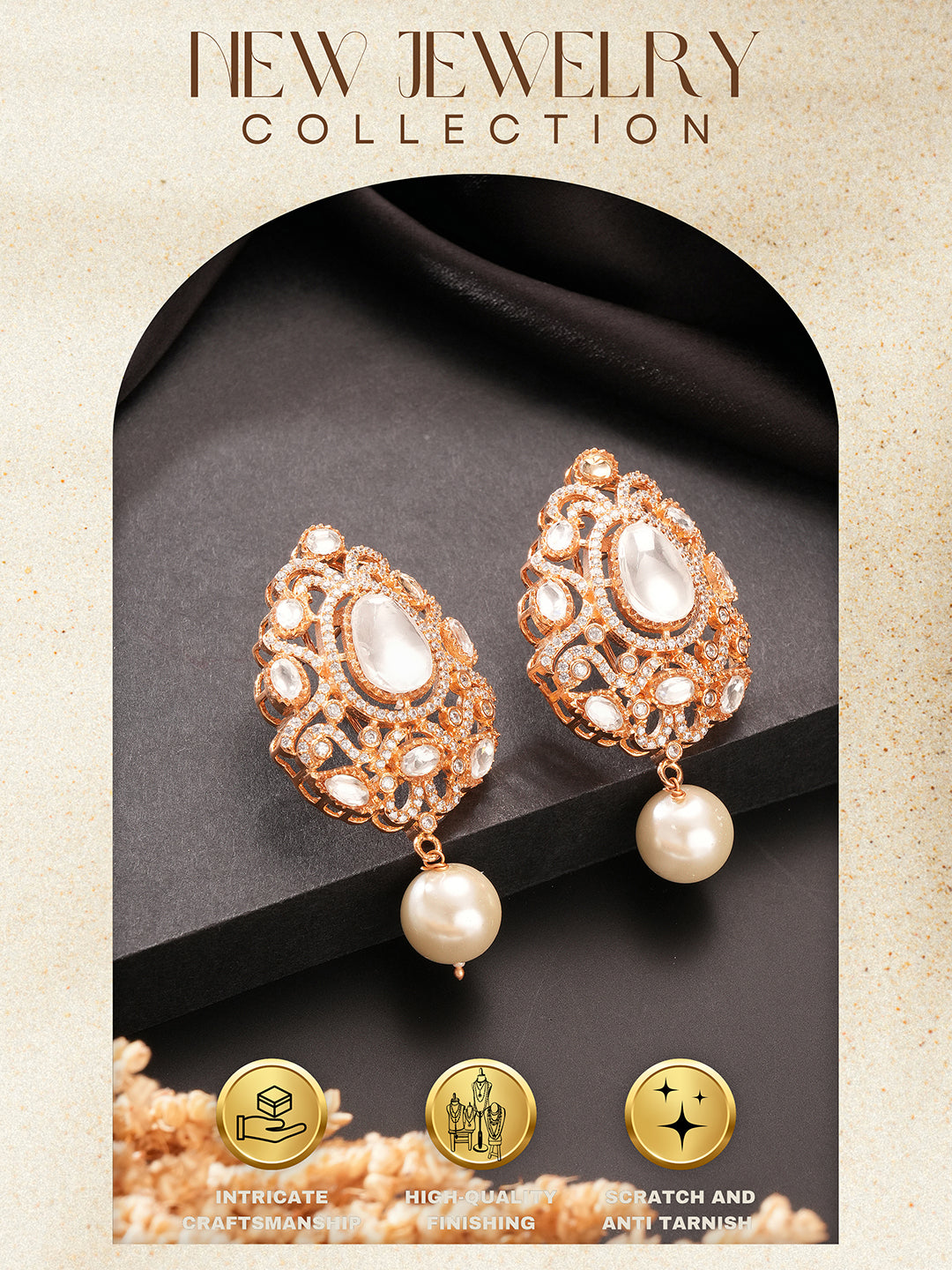 Gold Plated Uncut Mossanite Polki Statement Floral Drop Studds Earrings