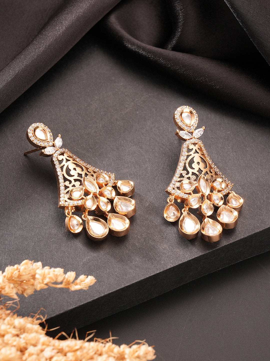 Gold Plated Kundan Polki Studded Designer Chandbali statement Earrings