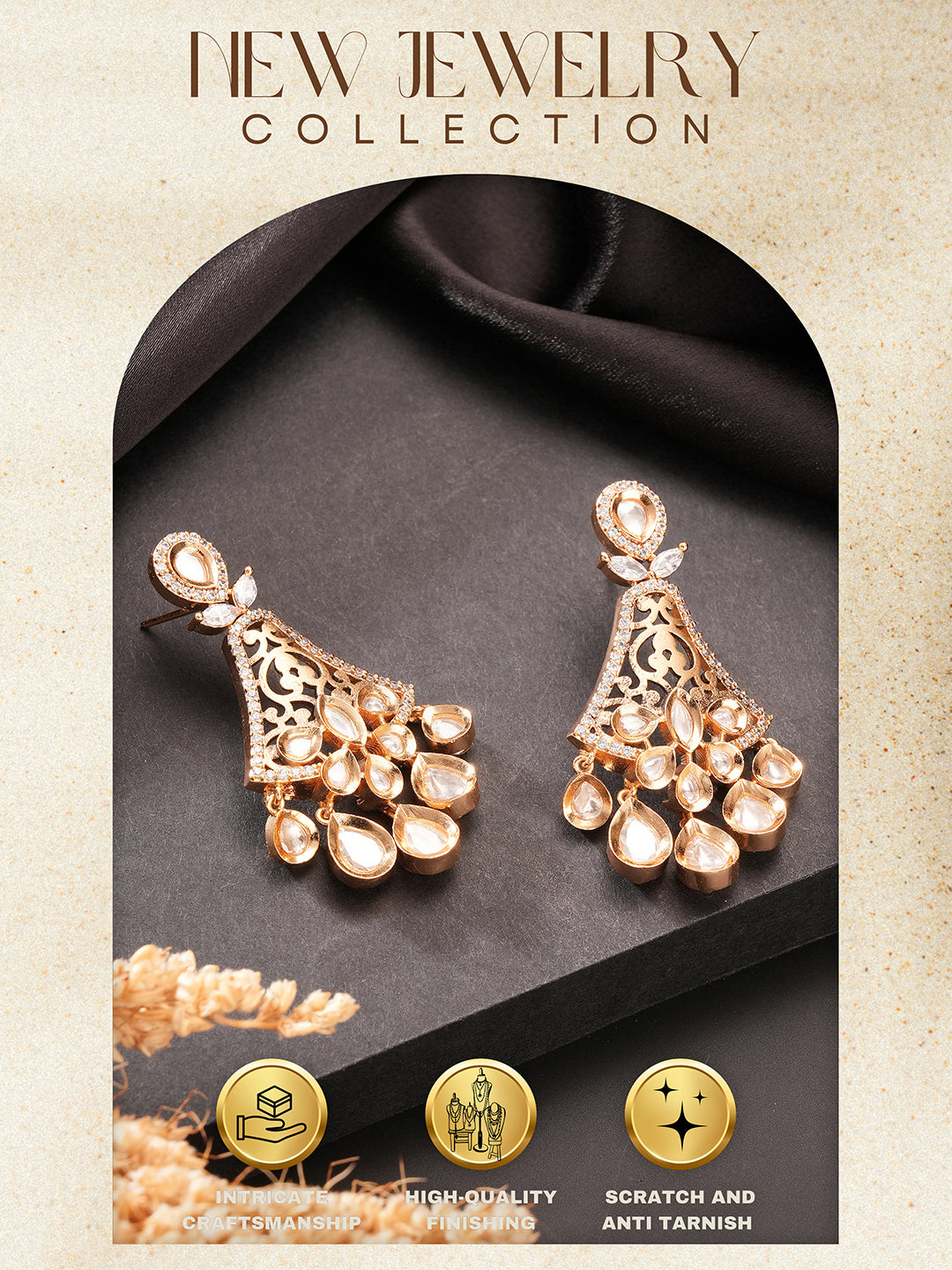 Gold Plated Kundan Polki Studded Designer Chandbali statement Earrings