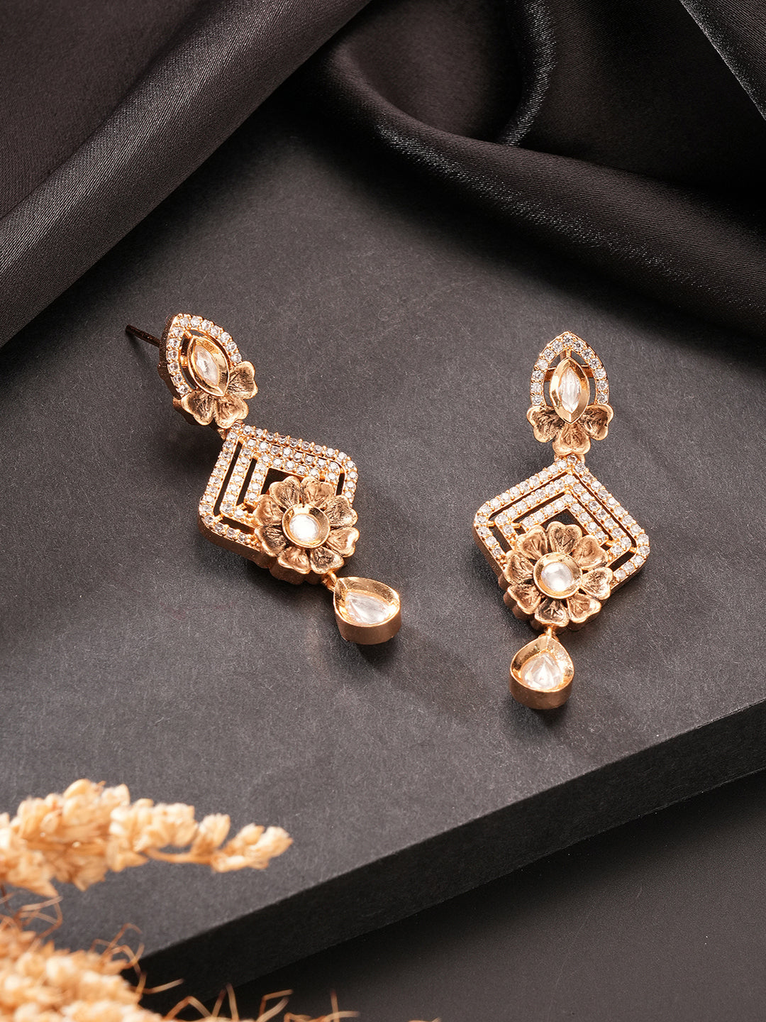 Gold Plated Uncut Polki Kundan Mossanite Studded Floral Dropdown Minimal earrings