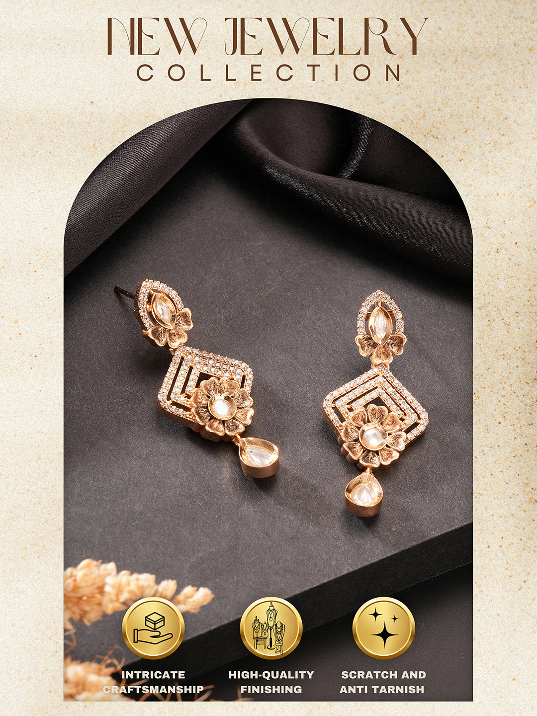 Gold Plated Uncut Polki Kundan Mossanite Studded Floral Dropdown Minimal earrings