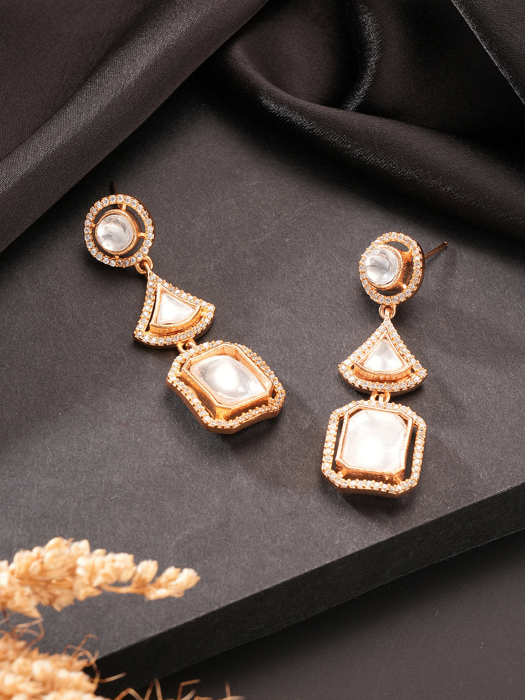 Gold Plated Uncut Polki Mossanite Kundan Studded  Quirky Shaped Dropdown Earrings